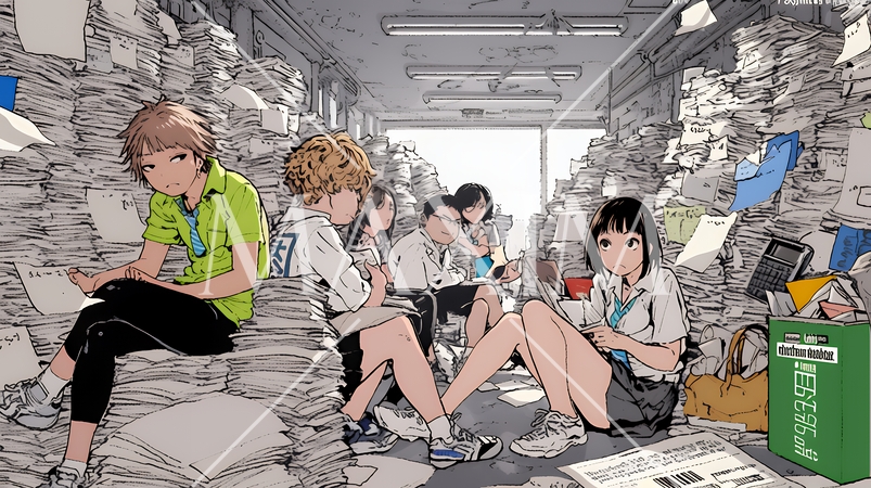 期日には間に合いそうもない書類の山と格闘中のビジネスパーソン達