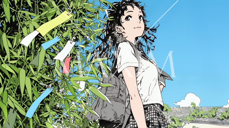 七夕飾りと制服を着た女子高生