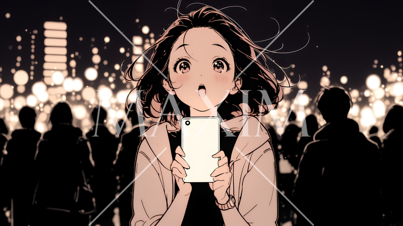 スマホの画面を見て驚いている若い女性（シンプルな色使い）