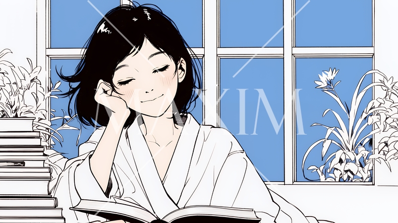 資料（本）を読みながら、うとうと眠ってしまう若い女性（シンプルな色使い）