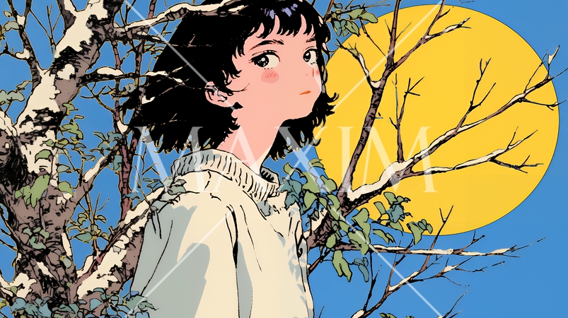 仲秋の名月と若い女性：月見