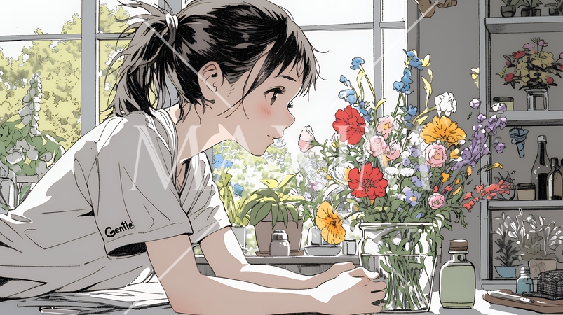 おもてなし（優しい心遣い）：来客のために花瓶に花を生ける若い女性