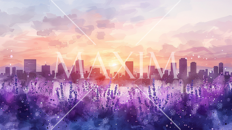 ラベンダーの花と夕刻の都心のビル街