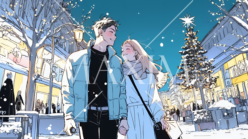 クリスマスイルミネーションの街でデートしているカップル