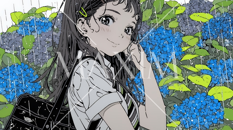 アジサイと梅雨の長雨と若い女性