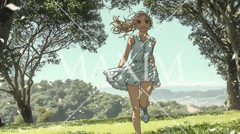 喜びにあふれ、軽やかにスキップする若い女性