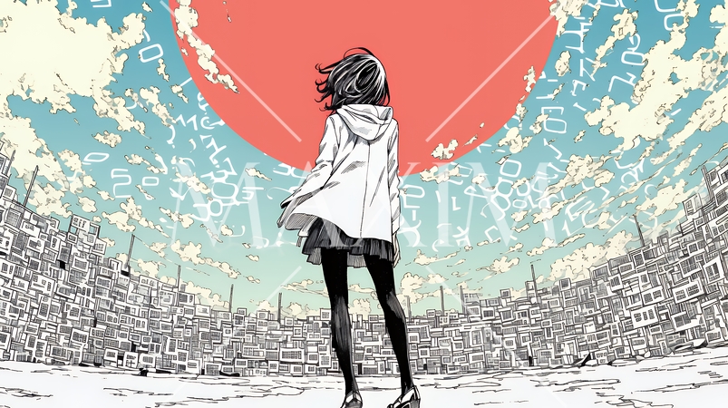 デジタルデータと日本人ビジネスウーマン｜AI・IT時代のテクノロジーイメージ（バイナリーコード）