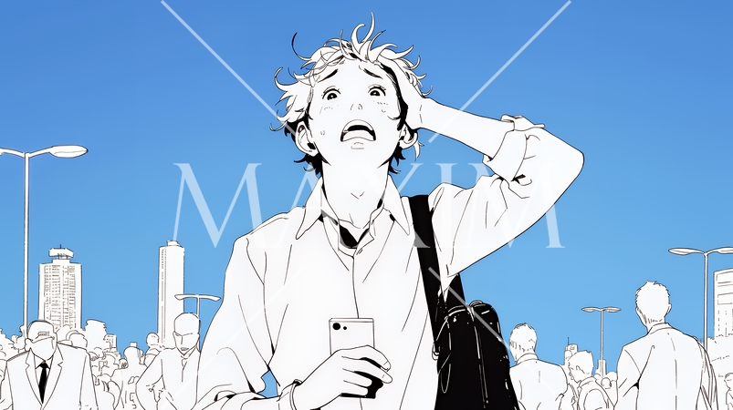 スマホの画面を見て驚いている若い男性（シンプルな色使い）