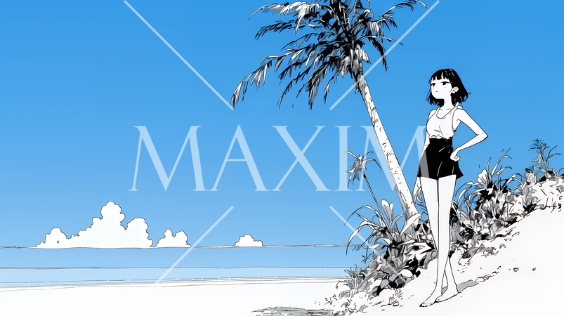 一人旅の若い女性と夏のビーチの風景（シンプルな色使い）