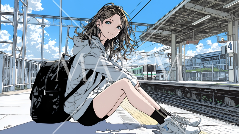 駅のホームで、なかなか来ない電車を待ちくたびれている若い女性