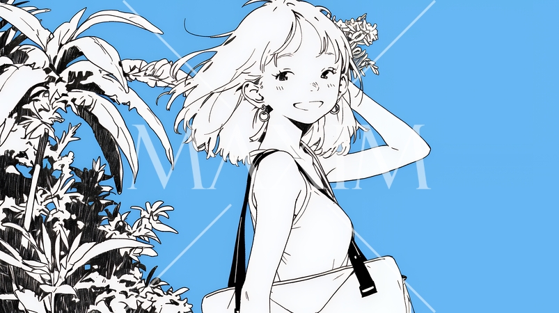 夏休みの思い出：海辺の町への一人旅（シンプルな色使い）