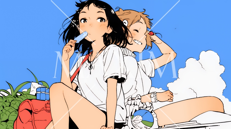 夏休みの思い出：友達と海水浴に行く（シンプルな色使い）