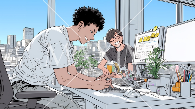 OJT：オフィスで、部下（後輩）を指導するマネージャー