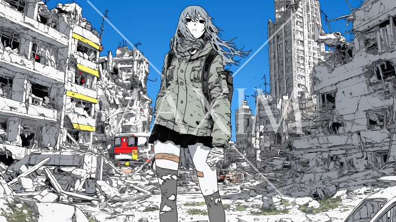 震災や空爆などで破壊された街で孤独に立ちすくむ若い女性