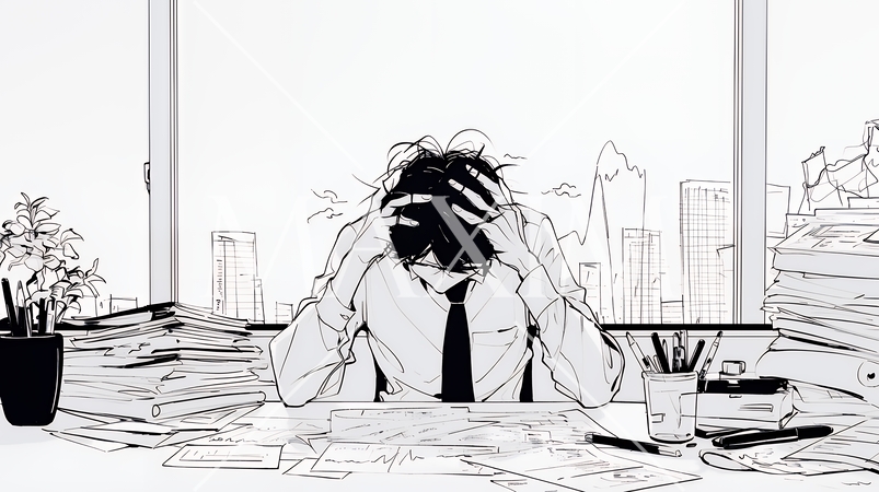 金融市場の急激な変動で頭を抱えている男性（シンプルな色使い）