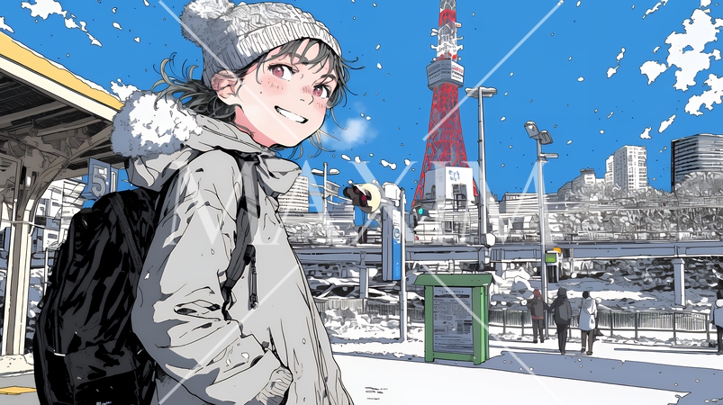 雪の積もる冬の都会を散策している若生女性