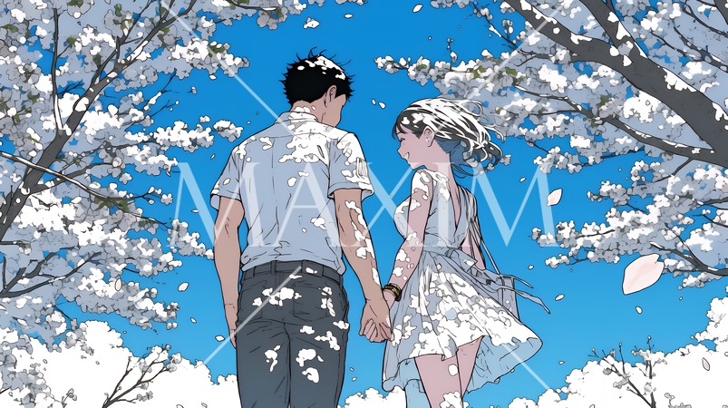 満開の桜の木の下でデートをしている若い男女のカップル