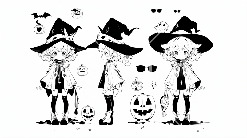 ハロウィン用の女の子の魔女コスプレイラストのリファレンスシート