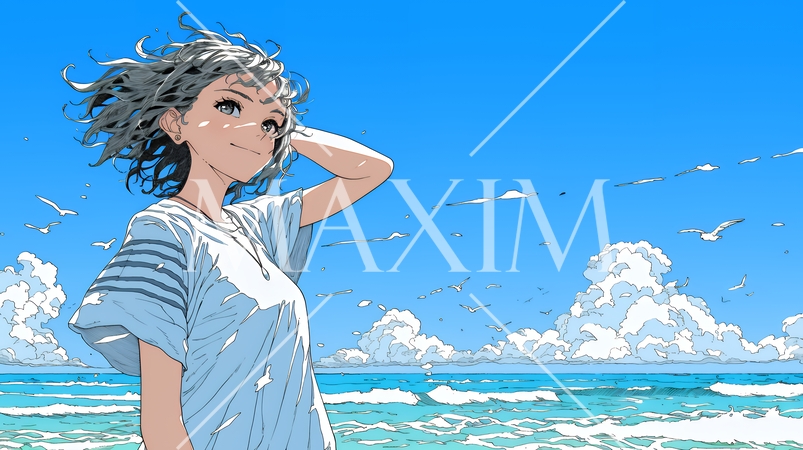 潮風の心地よさを満喫している若い女性