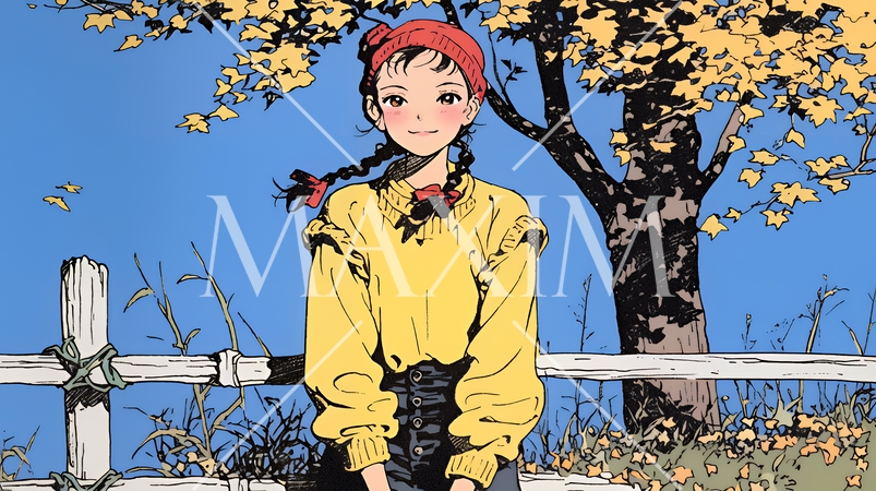 紅葉の小径を歩く若い女性