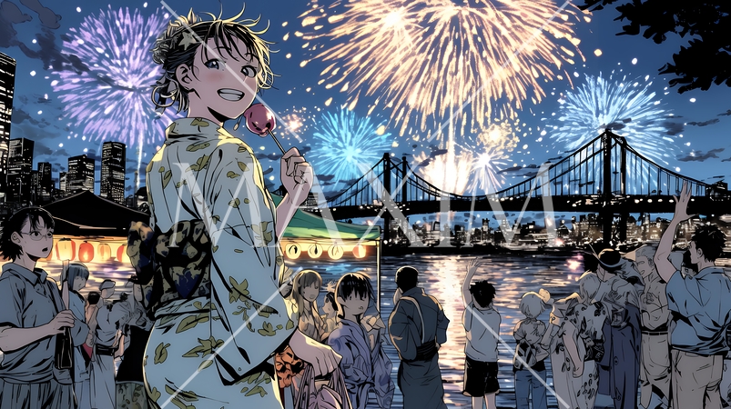 都会の花火大会と浴衣姿の若い女性