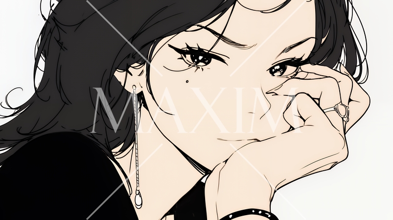 悪巧みをしている女性（シンプルな色使い）