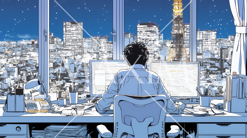 夜遅くまで残業するビジネスマン｜疲れた表情でパソコン作業をする会社員のビジネスイメージ