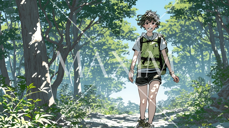 初夏の森でトレッキングを楽しむ若い女性｜新緑とアウトドアの爽やかなライフスタイル