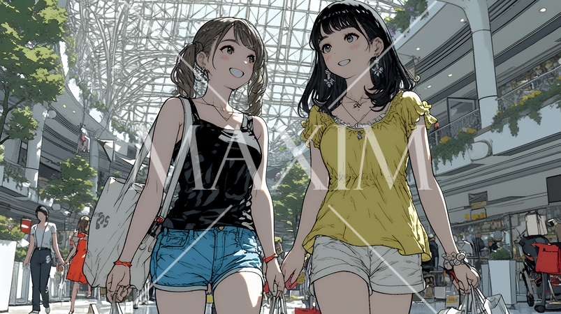 女友達と一緒にショッピングモールを歩き回る若い女性