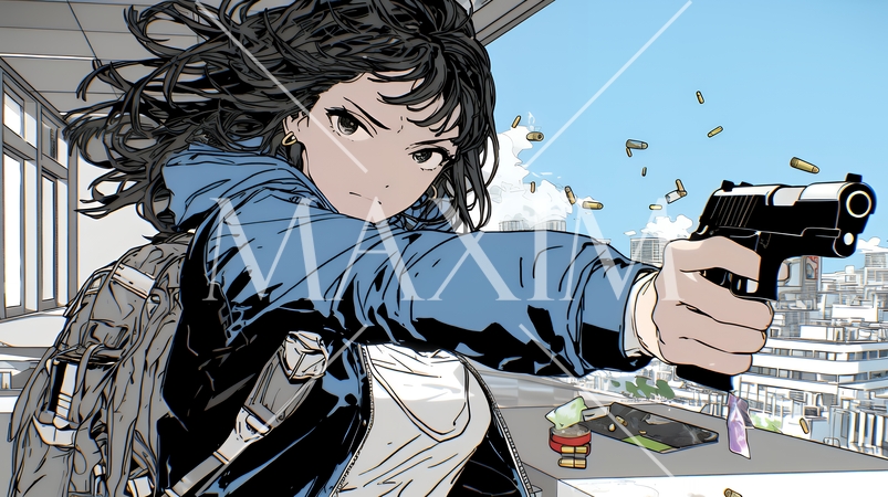 拳銃を撃つ若い女性