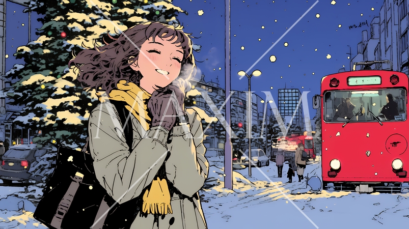 クリスマスイルミネーションが美しい街を散策する若い女性