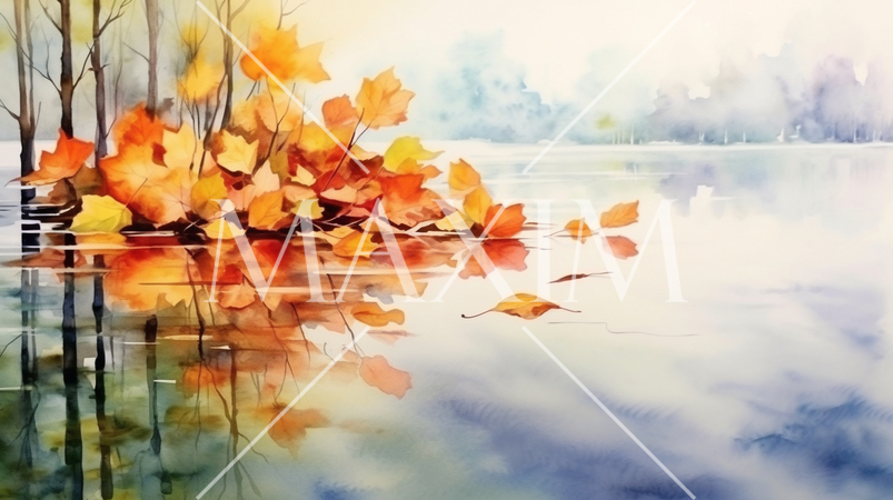 水面から見た紅葉：水彩画