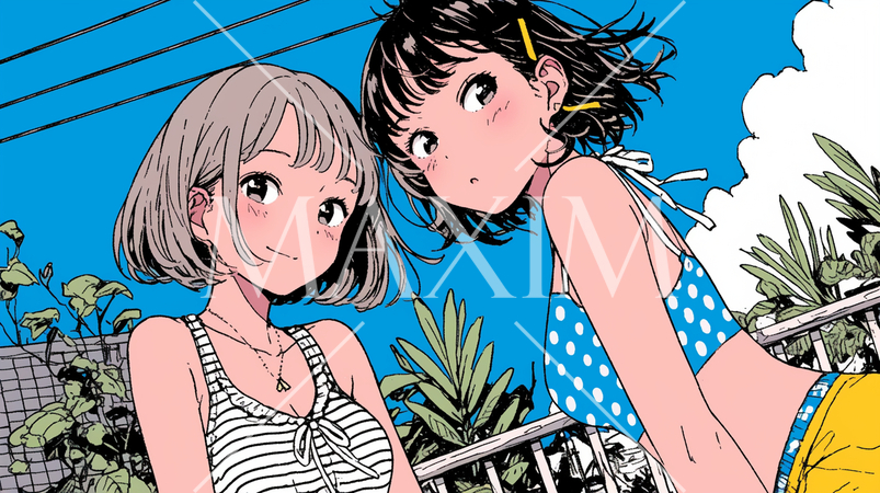 沖縄のホテルのベランダでビキニを着て会話中の女友達たち