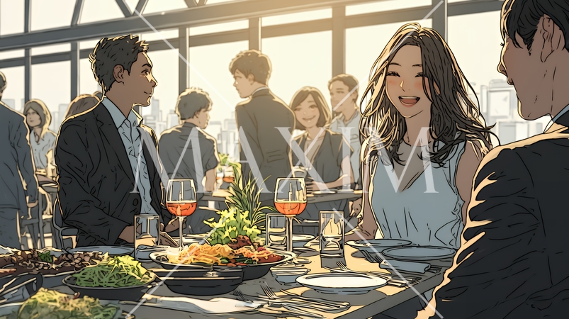 ちょっと高級なレストランで顧客とパワーランチをしているビジネスウーマン