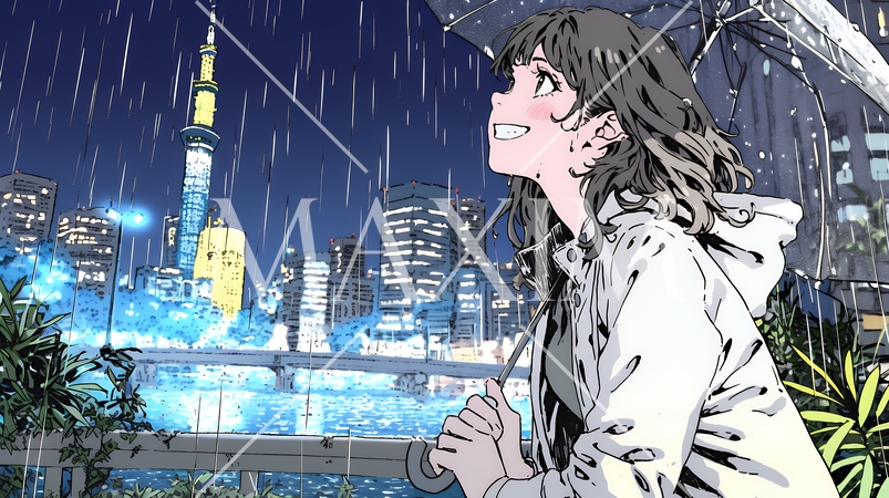 雨の中を歩く女性と都会のランドスケープ