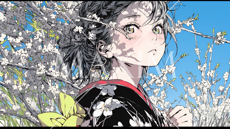 満開の梅の花と和服姿の若い女性