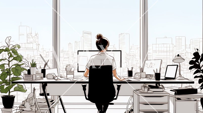 職場のデスクでパソコンに向かって仕事をしているビジネスウーマン（シンプルな色使い）