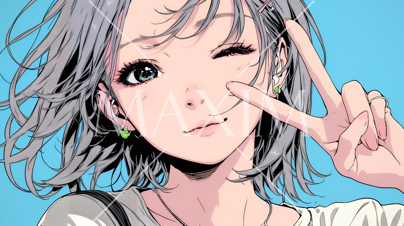 アイドルのように顔の横でピース＋ウィンクしている若い女性