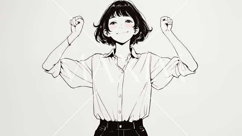 ガッツポーズ（拳を握って力強く）をしているビジネスウーマン（シンプルな色使い）