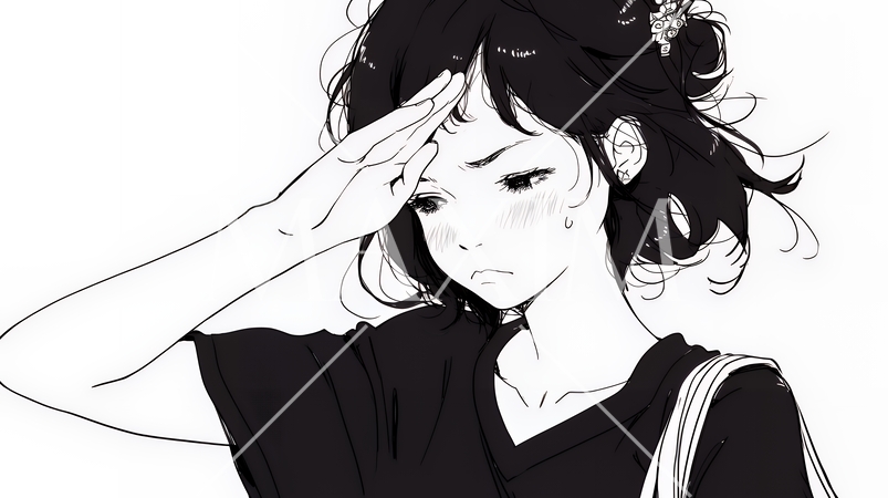 額に手を当てて「困ったな」ポーズをしている若い女性（シンプルな色使い）