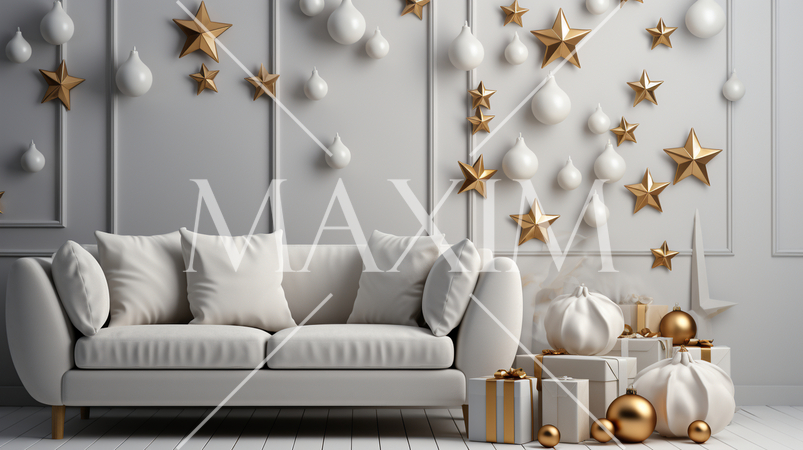 クリスマスツリー飾りのある白基調の居間