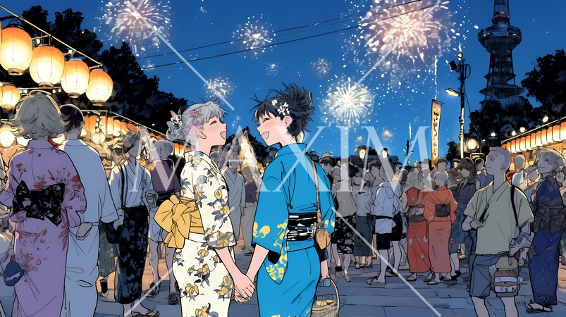 縁日屋台が立ち並び、賑わいを見せる祭りの夜