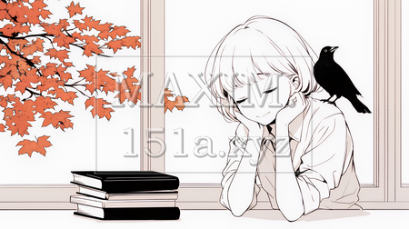 秋の読書を楽しむ若い女性｜静かで落ち着いた秋の日のイラストポートレート（シンプルな色使い）（イラストID:9155410-18098）