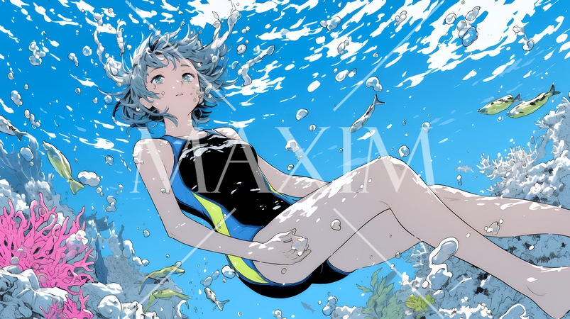 海で泳いでいる若い女性