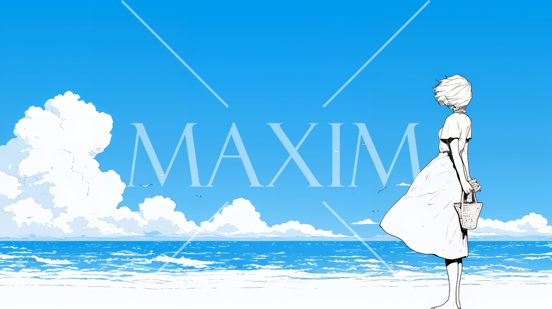 一人旅の若い女性と夏のビーチの風景（シンプルな色使い）