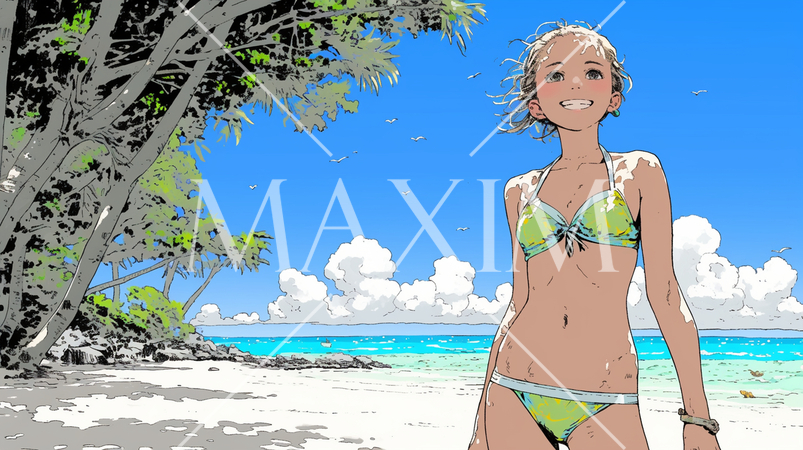 南国の海岸にビキニ姿でいる若い女性