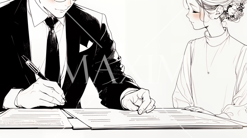 OJT：　上司から仕事の手順の説明を受けている女性社員（シンプルな色使い）