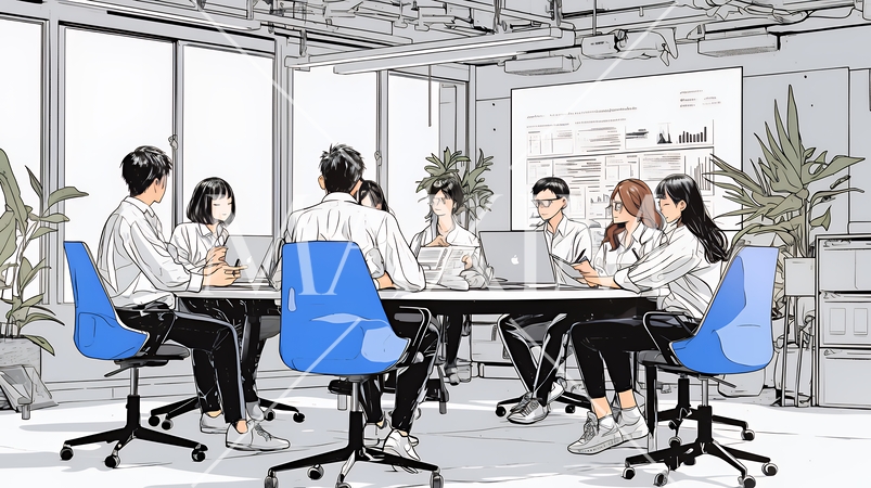 資料を見ながら打ち合わせをする会社員｜オフィスのビジネスミーティングイメージ