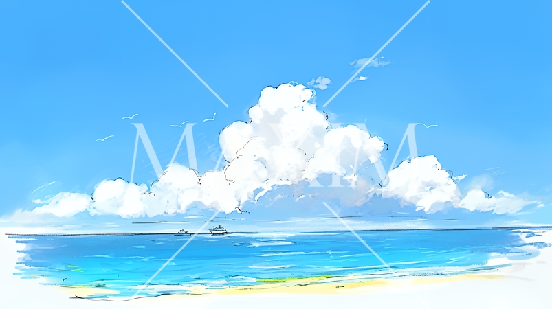 夏の青い空と青い海と白い雲のコントラスト（クレヨン＋水彩画風）