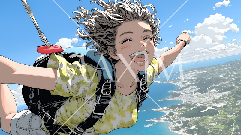 スカイダイビングをしている若い女性